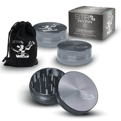 STR8 RYPR 40mm 2-piece herb grinder displayed with stylish pouch and packaging, ideal for grinding herbs effortlessly.