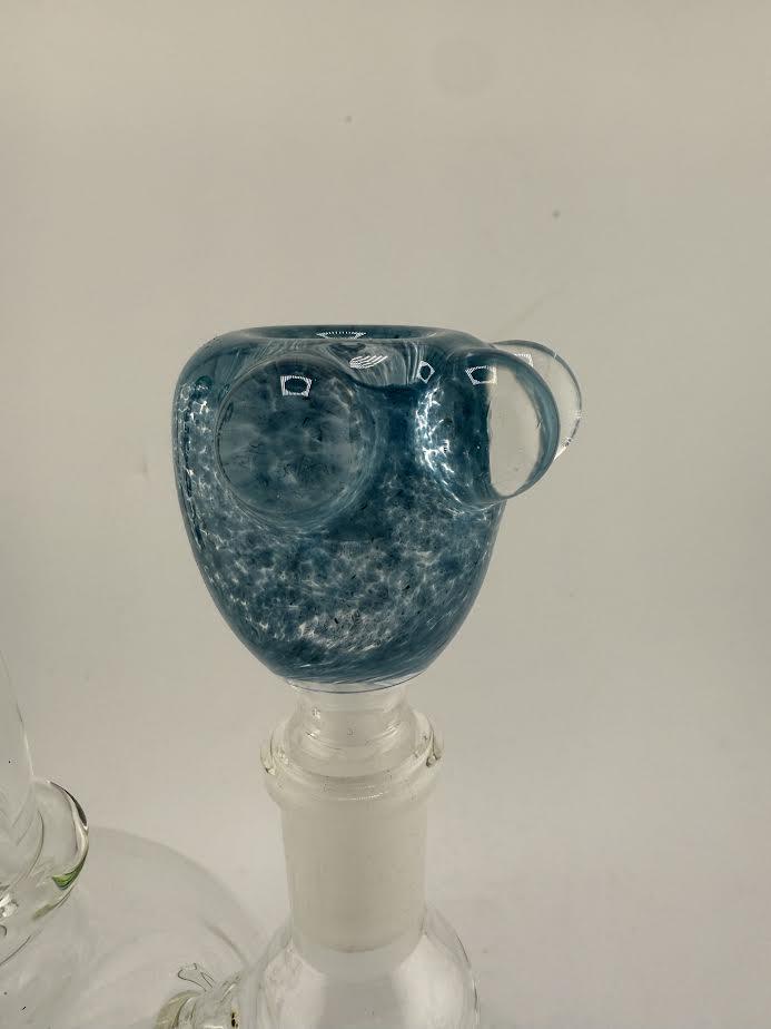 Close-up of Crondo Glass Frit 14mm bowl piece in blue color, showcasing unique texture and craftsmanship.
