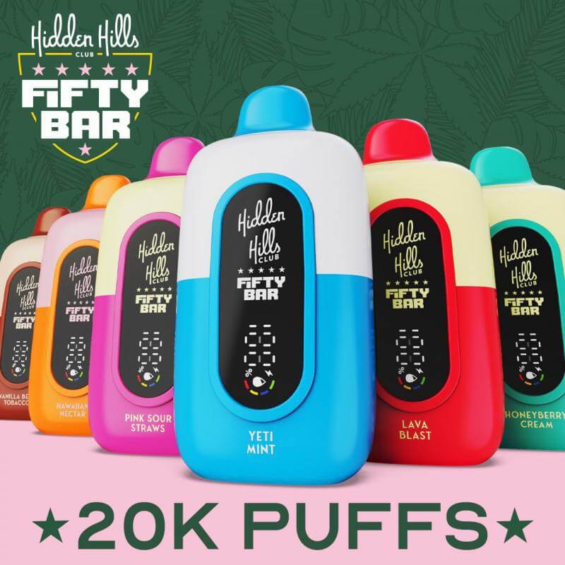 Collection of Hidden Hills x Fifty Bar disposable vapes featuring 20K puffs and vibrant flavors like Yeti Mint and Lava Blast.