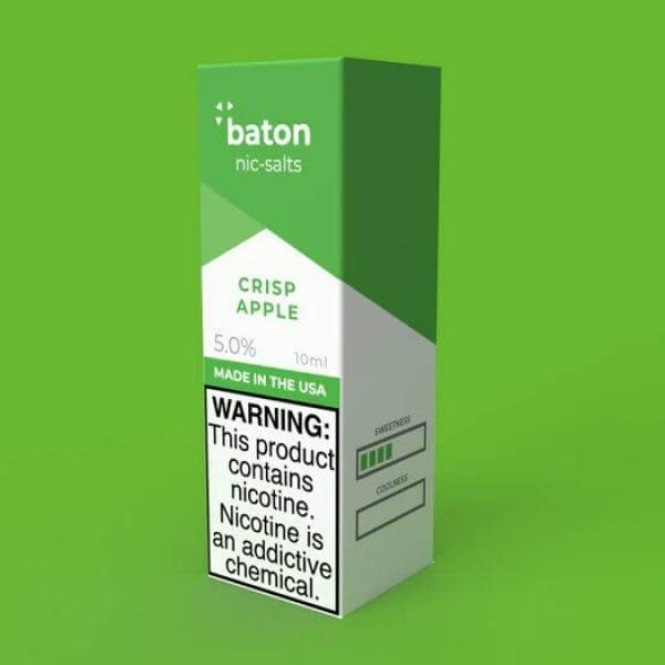 Baton Salts Crisp Apple 10ml nicotine salt e-liquid with 5% strength, made in the USA, warning about nicotine addiction.