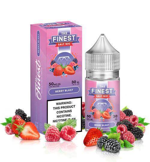 Finest Salt Nicotine 30ml Berry Blast with assorted berries, showcasing smooth vaping experience and premium flavor.