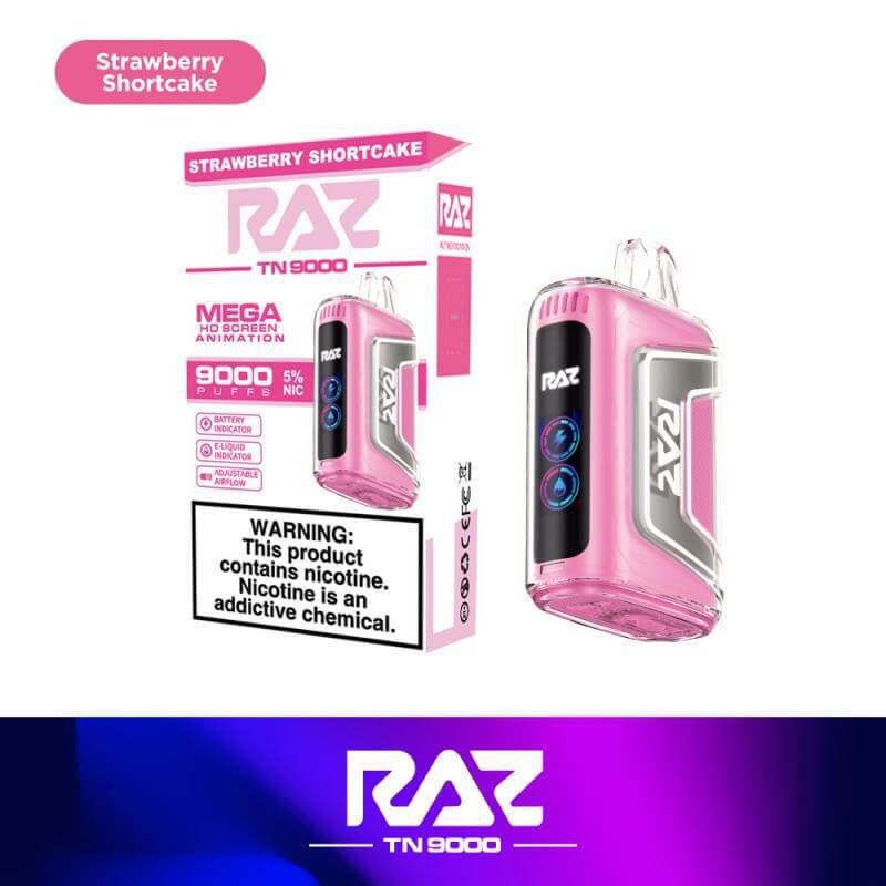 Raz TN9000 Strawberry Shortcake disposable vape with 9000 puffs and 5% nicotine strength