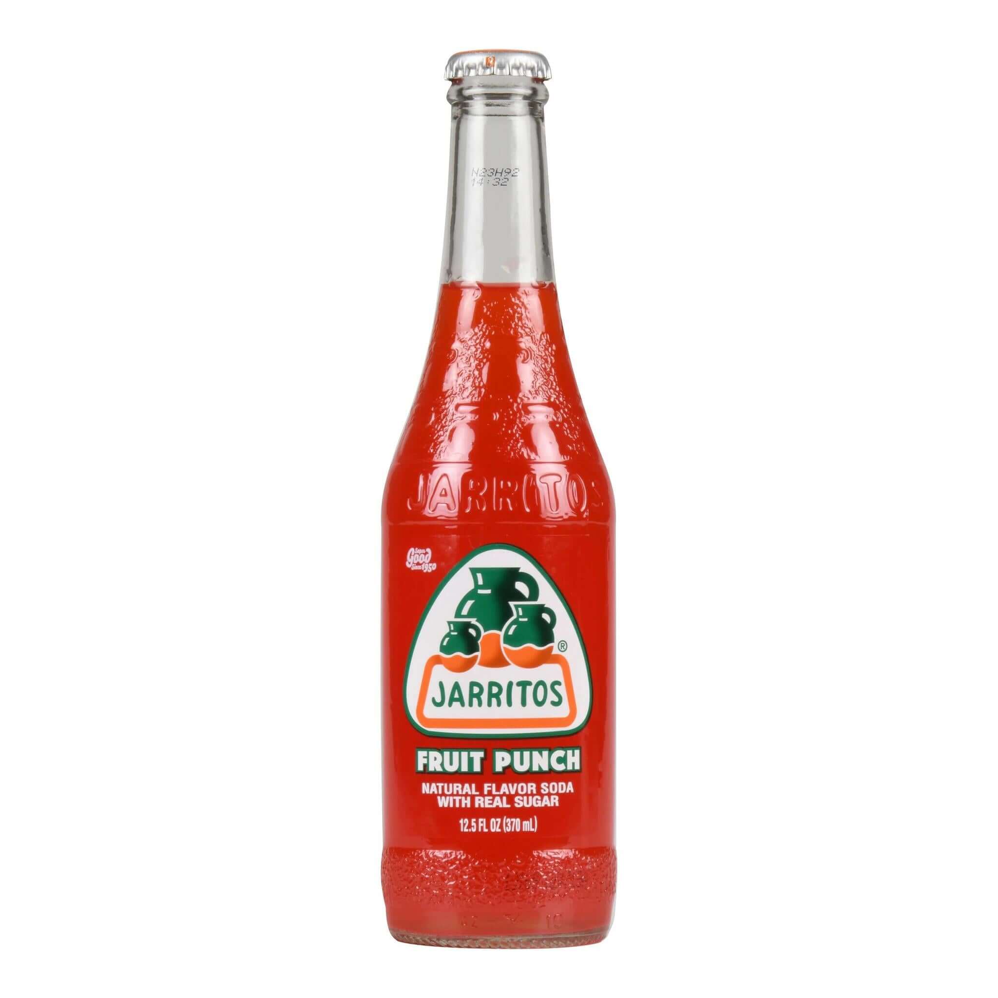 Jarritos Fruit Punch Soda 16oz bottle showcasing vibrant red color and glass packaging with natural flavors and real sugar.