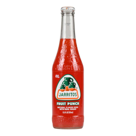 Jarritos Fruit Punch Soda 16oz bottle showcasing vibrant red color and glass packaging with natural flavors and real sugar.