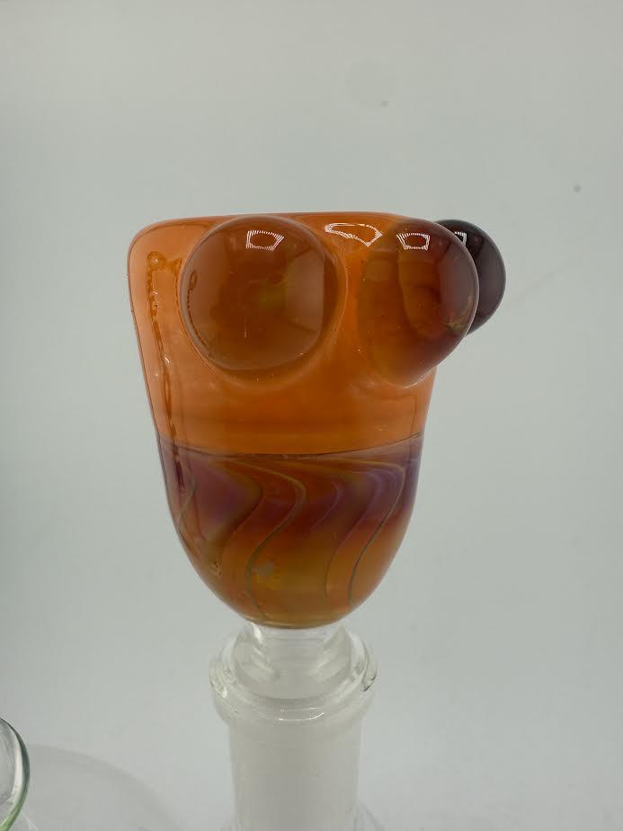 Crondo Glass Split Color Bowl 14mm featuring vibrant orange and purple hues, handcrafted for collectors and smokers.