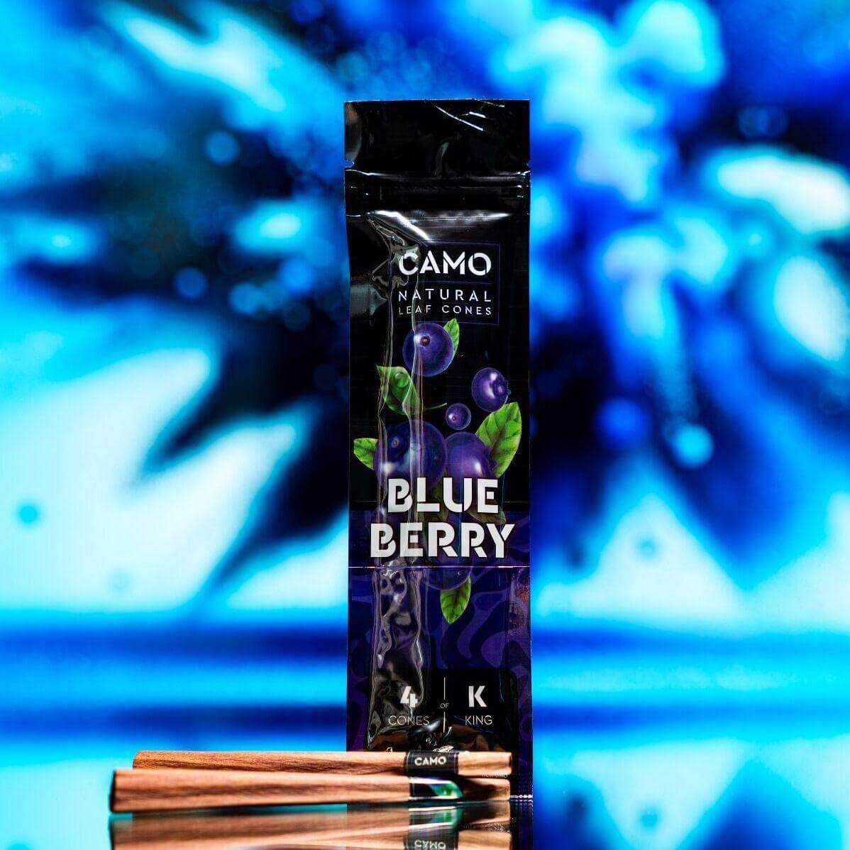 Camo Natural Leaf Cones in Blueberry flavor, featuring 4 king-size pre-rolled cones on a vibrant blue background.