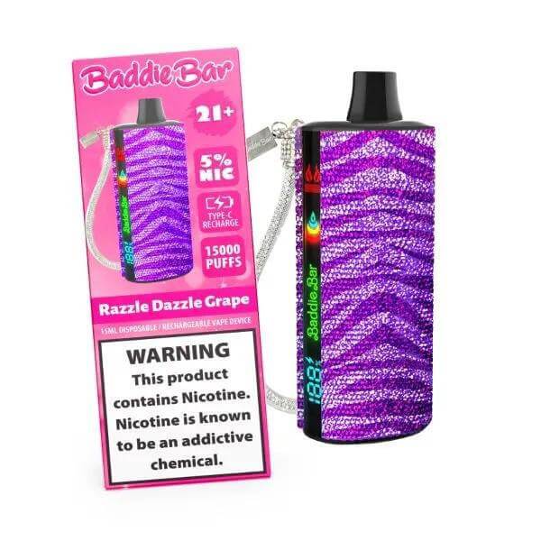 Baddie Bar 15k Disposable Vape in Razzle Dazzle Grape flavor, featuring vibrant design and warning label.