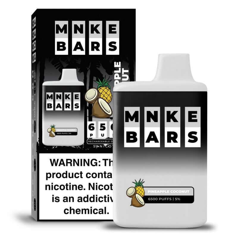 MNKE Bars 6500 Disposable Vape in Pineapple Coconut flavor with box, featuring bold branding and warning label.
