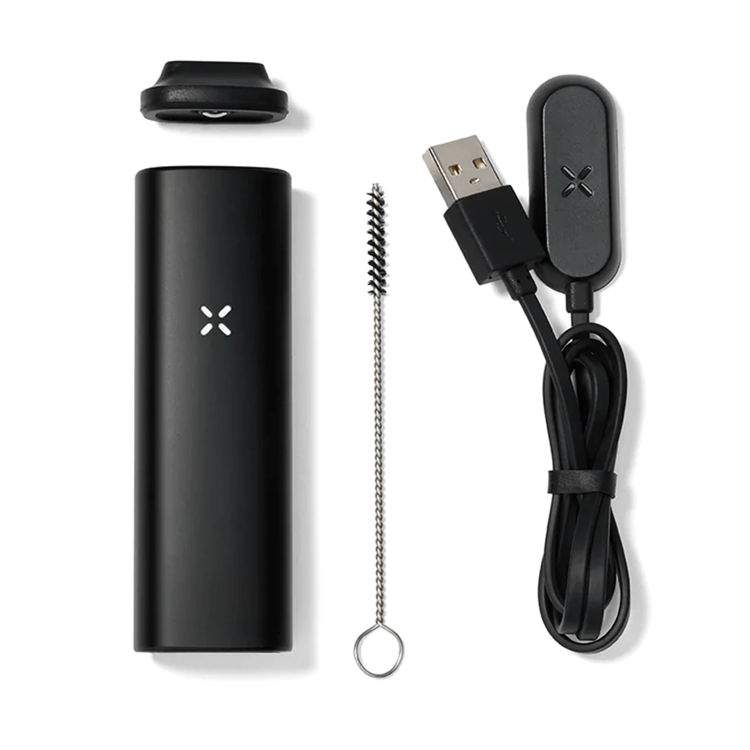 PAX Mini Portable Vaporizer kit including device, mouthpiece, maintenance brush, and USB charger.