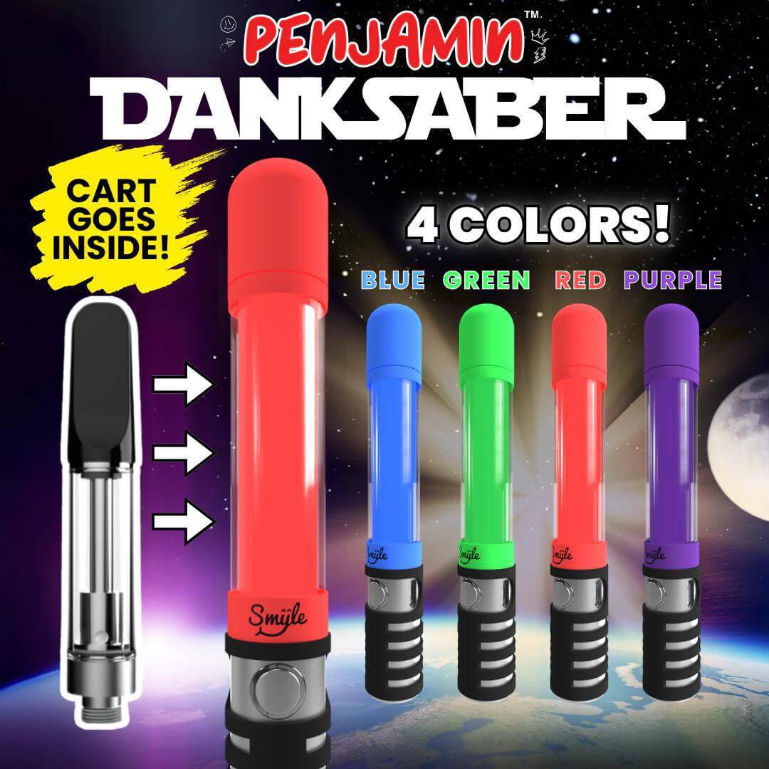 Image of Smyle Penjamin Danksaber 510 Battery in four colors: red, blue, green, and purple, showcasing cartridge compatibility.