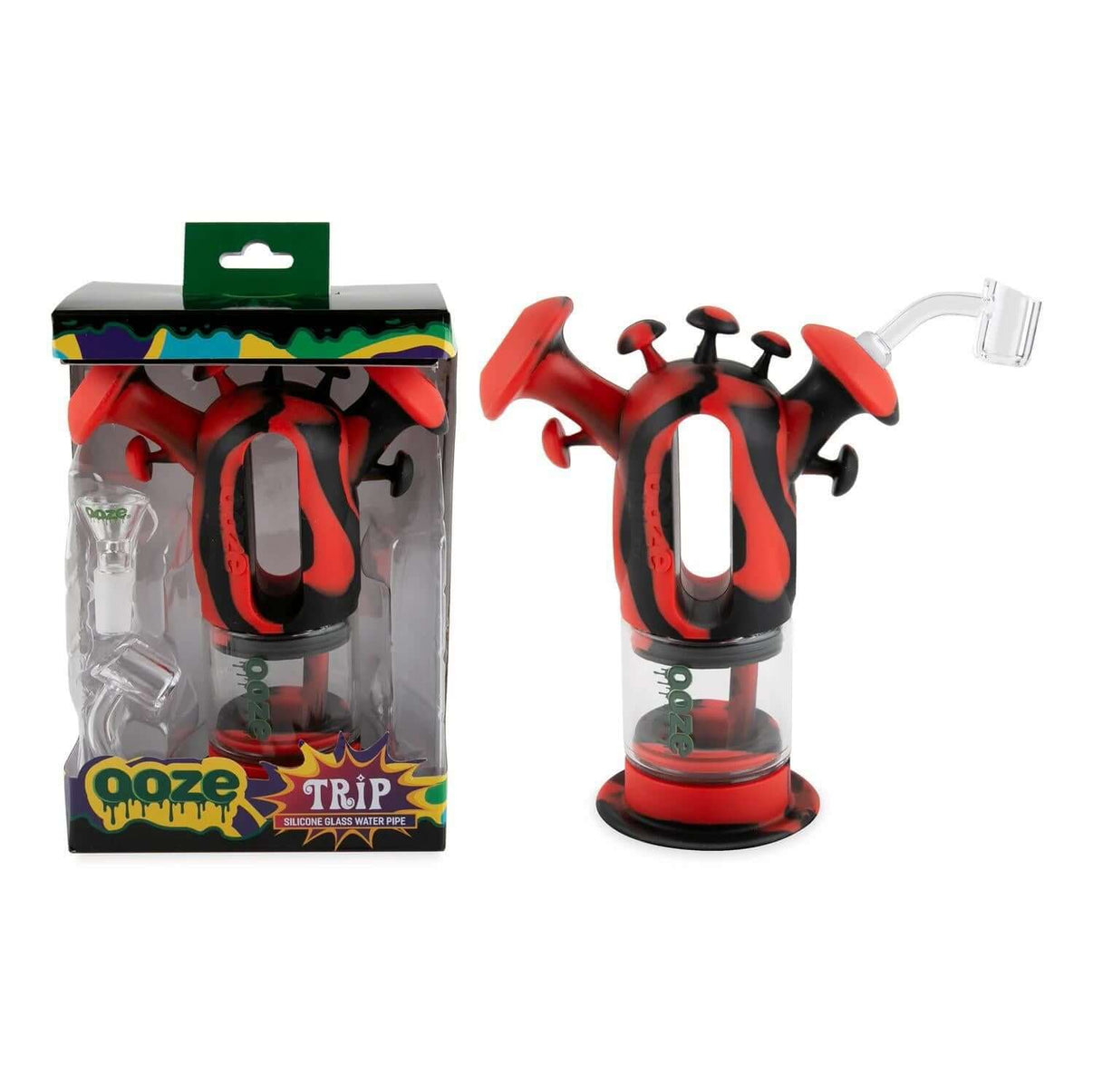 Ooze Trip Pipe Silicone Water Bubbler & Dab Rig in vibrant red and black, mushroom design with packaging.