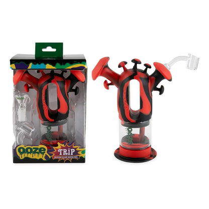 Ooze Trip Pipe Silicone Water Bubbler & Dab Rig in vibrant red and black, mushroom design with packaging.