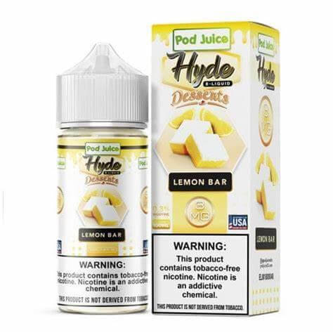 Pod Juice Hyde 100ml Lemon Bar vape juice bottle and box, premium e-liquid for sub-ohm tanks.