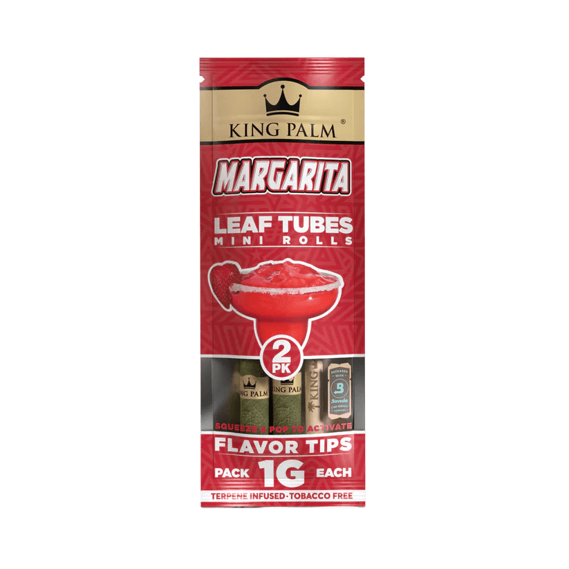 King Palm Margarita mini rolls pack with flavor tips, featuring 2 pre-rolled hemp wraps and popping flavor pearls. 1 gram each.