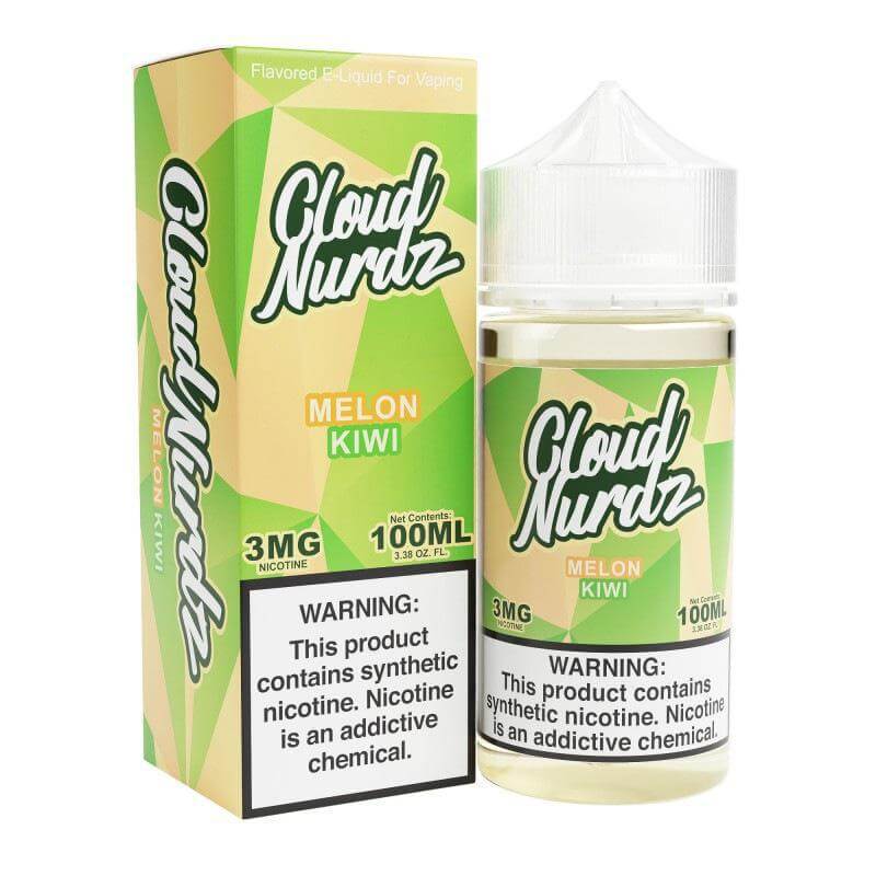 Cloud Nurdz 100ml e-liquid bottle and packaging featuring Melon Kiwi flavor, ideal for smooth vaping without menthol.