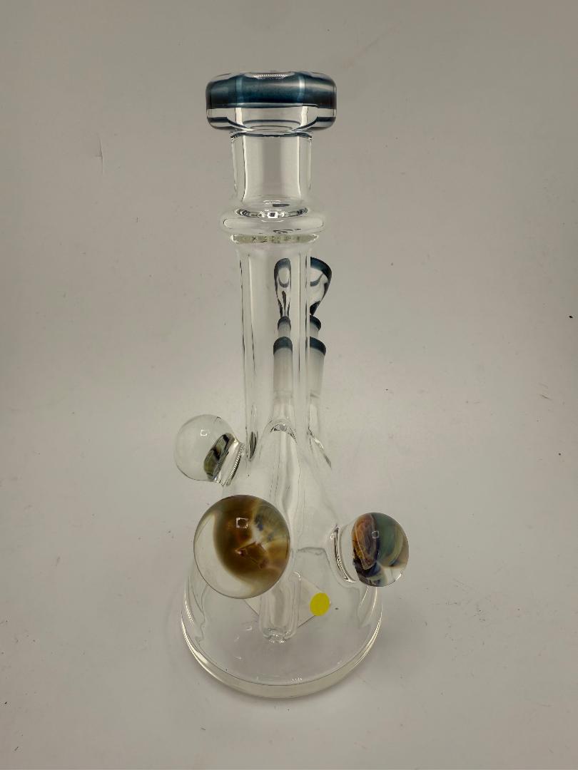 Lylo Glass Color Accent Mini Beaker 10mm, handmade glass water pipe with colored accents, ideal for concentrates and dry herbs.
