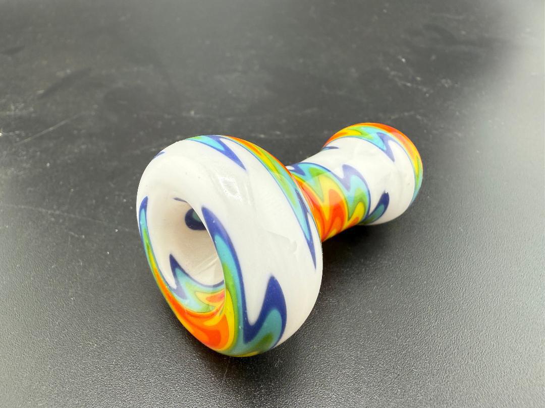 Colorful Mcdoogle Glass Chillum with swirling patterns, handcrafted in Spokane, WA for artistry and function.