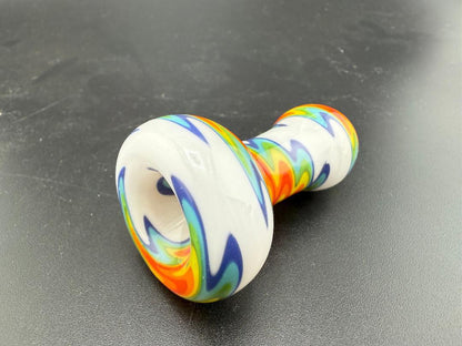 Colorful Mcdoogle Glass Chillum with swirling patterns, handcrafted in Spokane, WA for artistry and function.