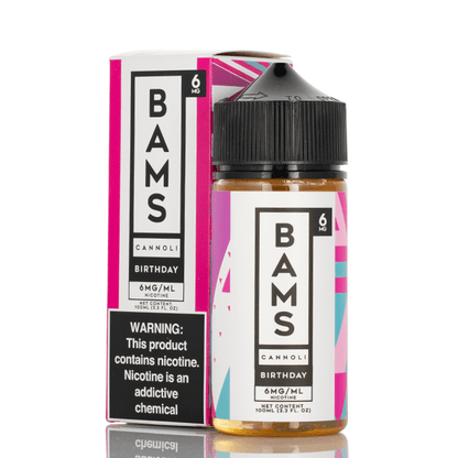 Bams Cannoli Sub Ohm e-liquid 100ml with birthday packaging, featuring a warning about nicotine content.