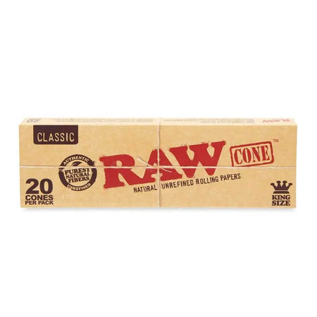 RAW Classic King Size Cones pack of 20, made from unbleached natural fibers for smooth smoking.