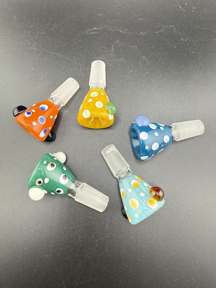 Colorful polka dot 14mm bowls in orange, yellow, green, blue, and white, perfect for stylish smoking accessories.