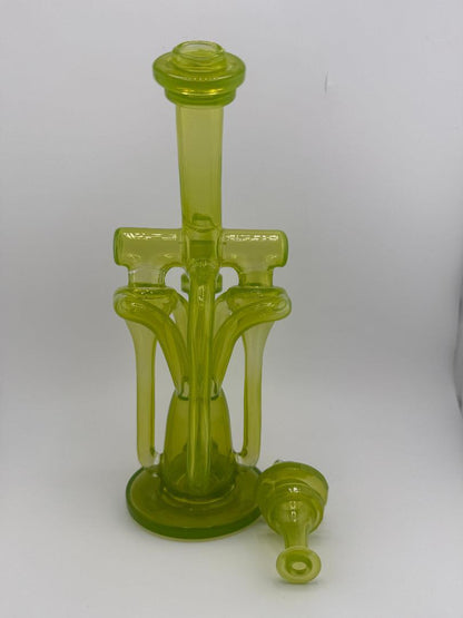 Domer Glass Double Drain Quad Uptake W/ Bubble Dumper Green 10mm Recycler