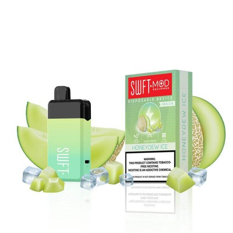 SWFT Mod 5k Disposable Vape in Honeydew Ice flavor with melons and ice cubes, offering 5000 puffs of satisfaction.