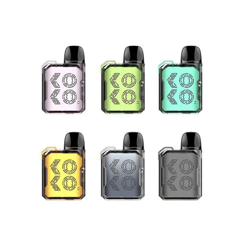 Uwell Caliburn GK2 Pod System in six vibrant colors: pink, green, blue, orange, gray, and transparent design.