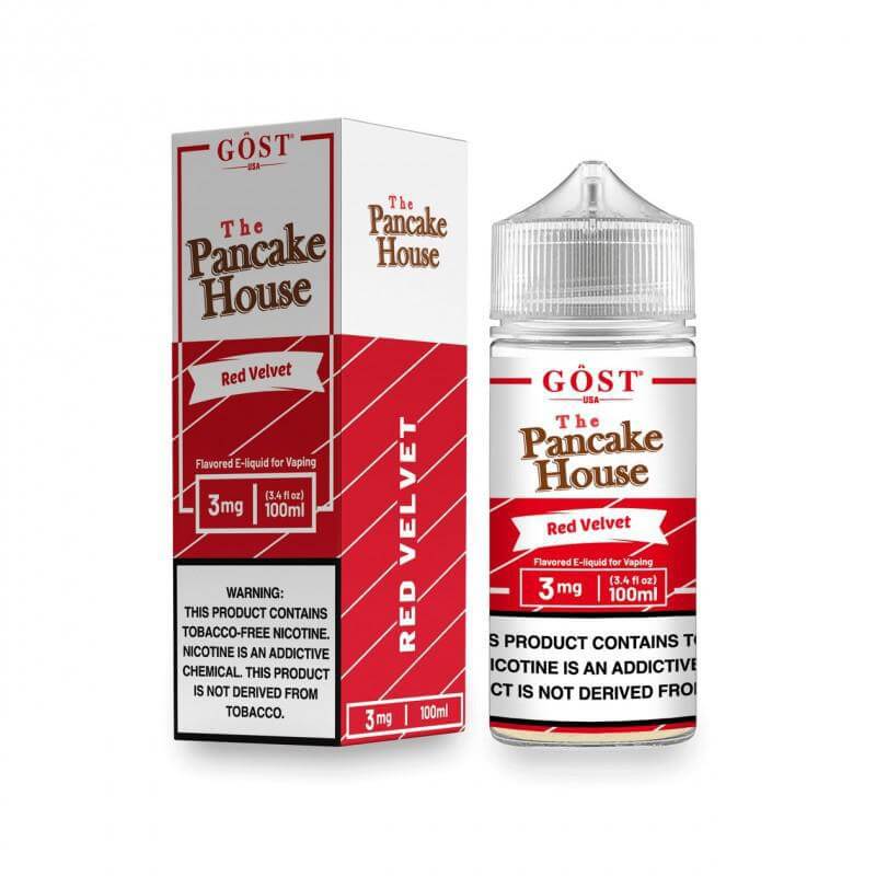 The Pancake House Red Velvet e-liquid 100ml bottle and box, featuring a rich flavor designed for vaping.