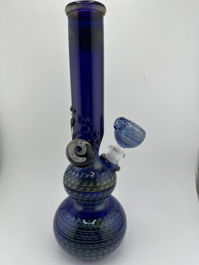 JP Killman Glass Flower Beaker - Double Bubble with Fumetech Cobalt Blue