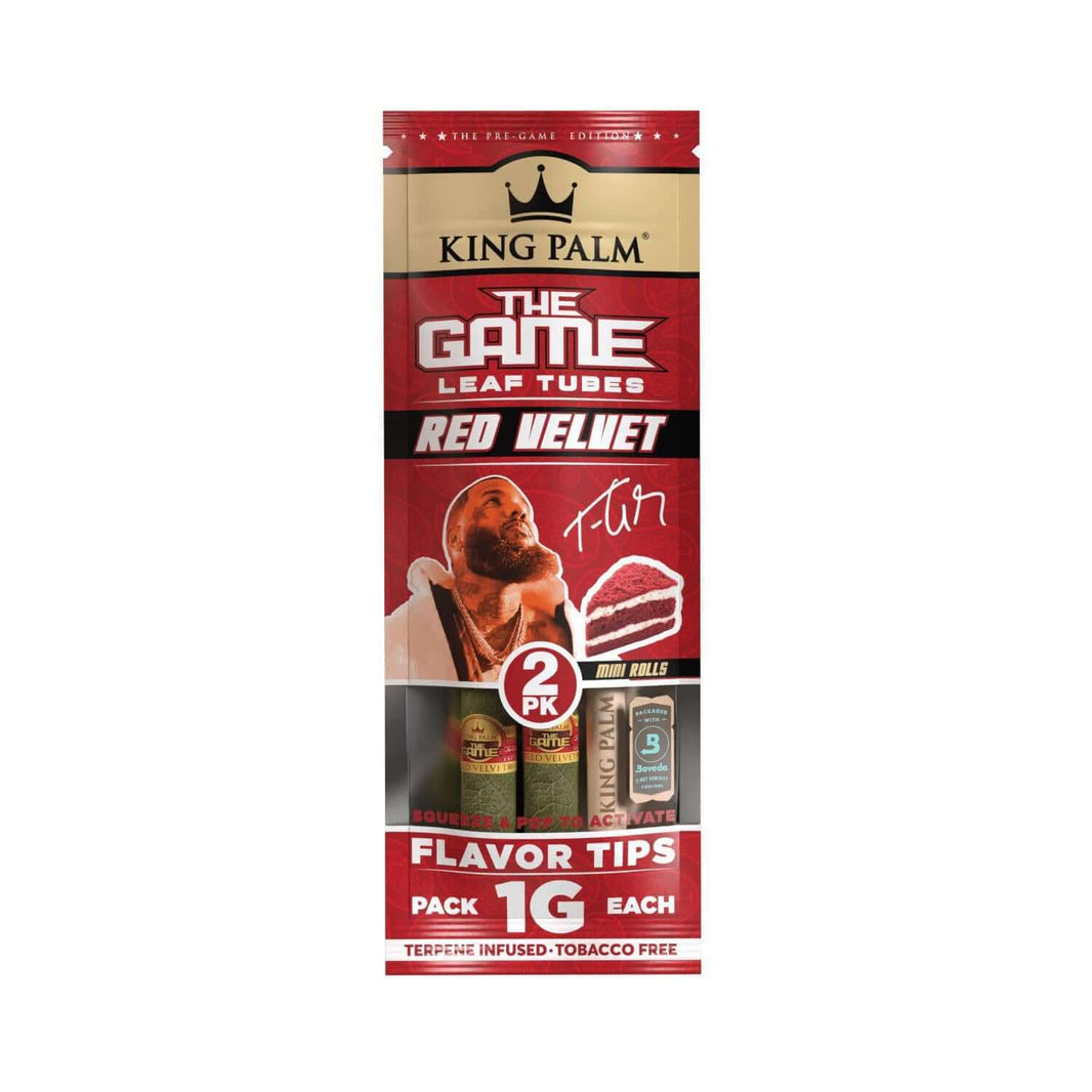 King Palm 2pc Mini Rolls Red Velvet flavor tips pack, each tube contains 1 gram of terpenes infused wrap.