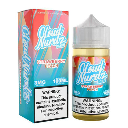 Bottle of Cloud Nurdz Iced Strawberry Peach e-liquid, 100ml, nicotine 3mg, designed for smooth and refreshing vaping.