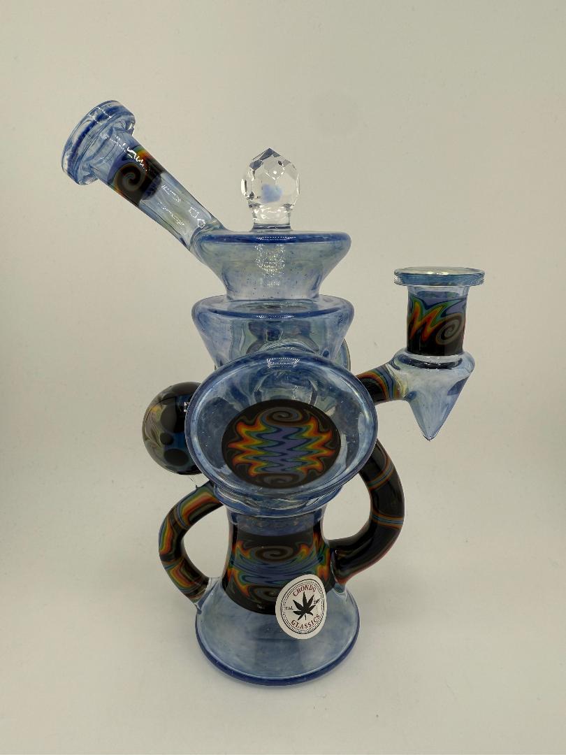 Crondo Glass Redisculator Blue w/ Wig wag & Faceted Opal Marble Recycler 19mm 90°