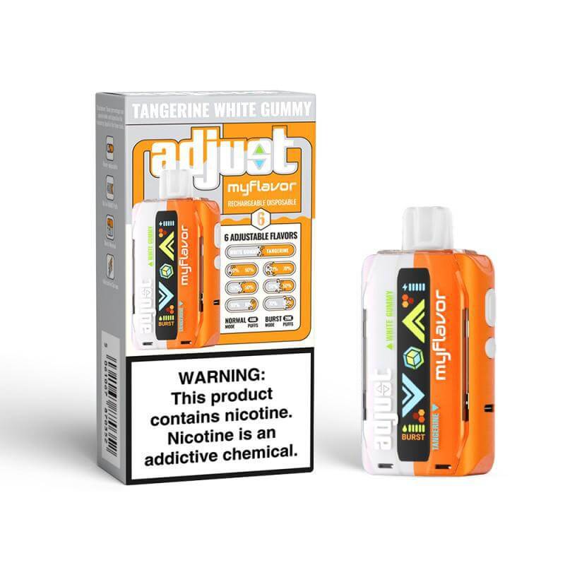 Adjust MyFlavor Disposable Nicotine Vape with customizable settings, tangerine white gummy flavor, and warning label.