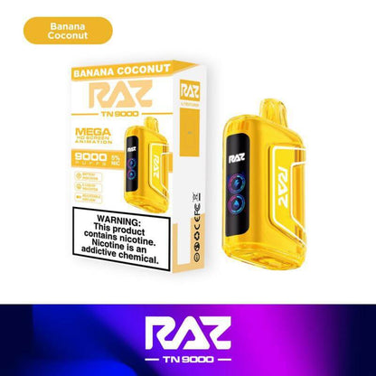 Raz TN9000 Disposable Vape in Banana Coconut flavor, featuring 9000 puffs and 5% nicotine strength.