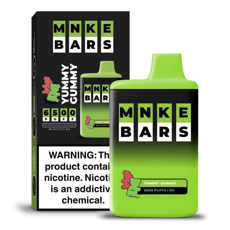 MNKE Bars 6500 Disposable Vape in Yummy Gummy flavor, featuring 5% nicotine strength and 6500 puffs.