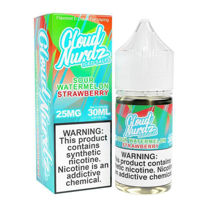 Cloud Nurdz Iced Sour Watermelon Strawberry 30ml e-liquid with synthetic nicotine for vaping.