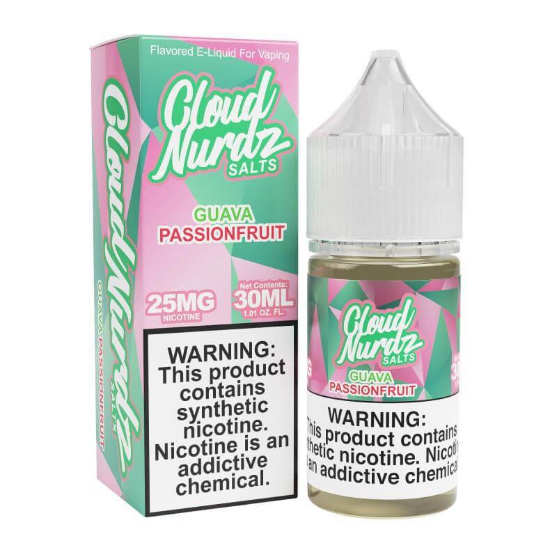 Cloud NURDZ Guava Passionfruit 30ml e-liquid, 25MG nicotine, smooth vaping experience, bold flavor.