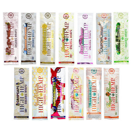 High Hemp Organic Wraps 2pc featuring 14 flavors of tobacco-free herbal smoking wraps.