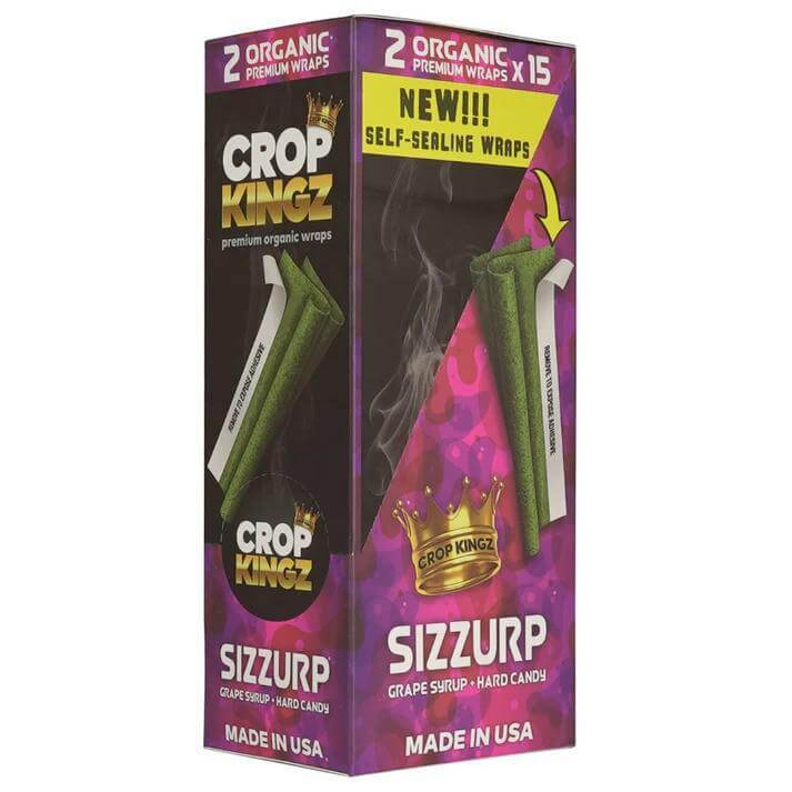 Crop Kingz Sizzurp Organic Premium Wraps packaging showcasing grape syrup flavor, self-sealing, 2 wraps per pack.