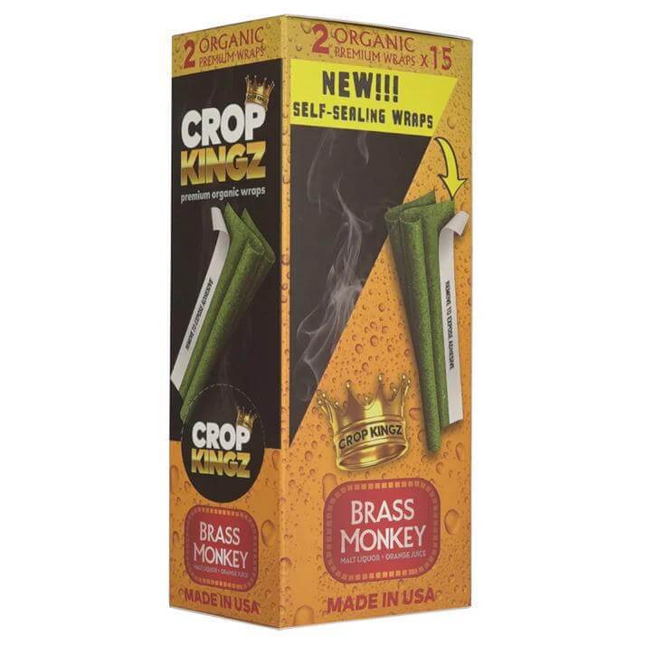 Crop Kingz Organic Hemp Cones King Size 2pc packaging, featuring 'Brass Monkey' flavor and self-sealing wraps.