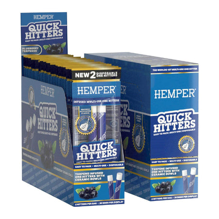 Hemper QuickHitters display showcasing flavor-infused disposable one hitters with blueberry terpenes for enhanced smoking experience.