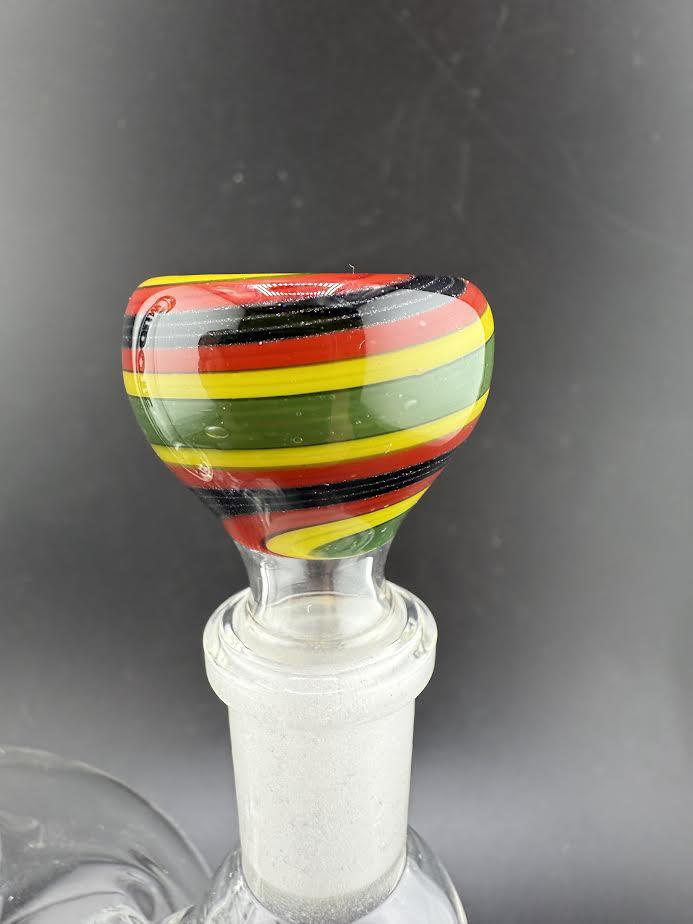 Colorful Fila John Glass Basic Wig Wag 14mm bowl piece with vibrant linework on a clear glass base.