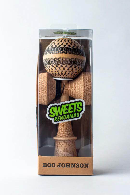 Boo Johnson Signature Kendama in packaging, featuring intricate designs and KEN Amped shape by Sweets Kendamas.