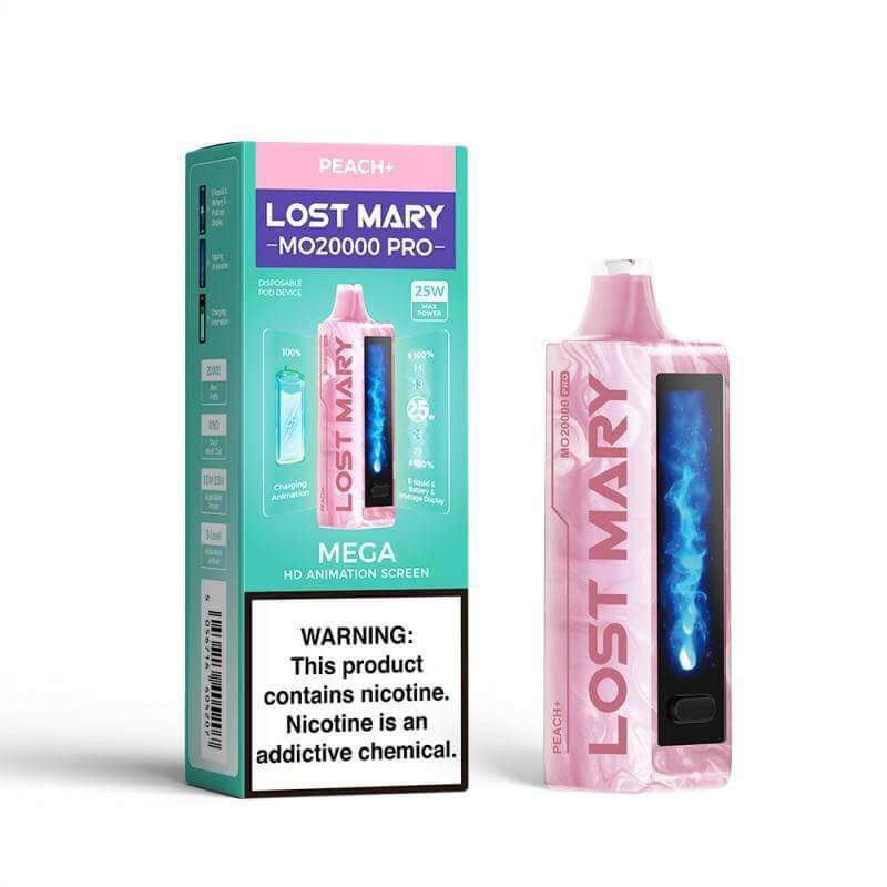 Lost Mary MO20000 Pro disposable vape packaging with peach flavor and animation screen.