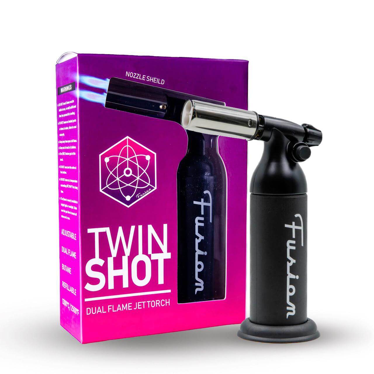 Fusion Twin Shot dual flame jet torch with stylish packaging, designed for precision and versatility in various tasks.