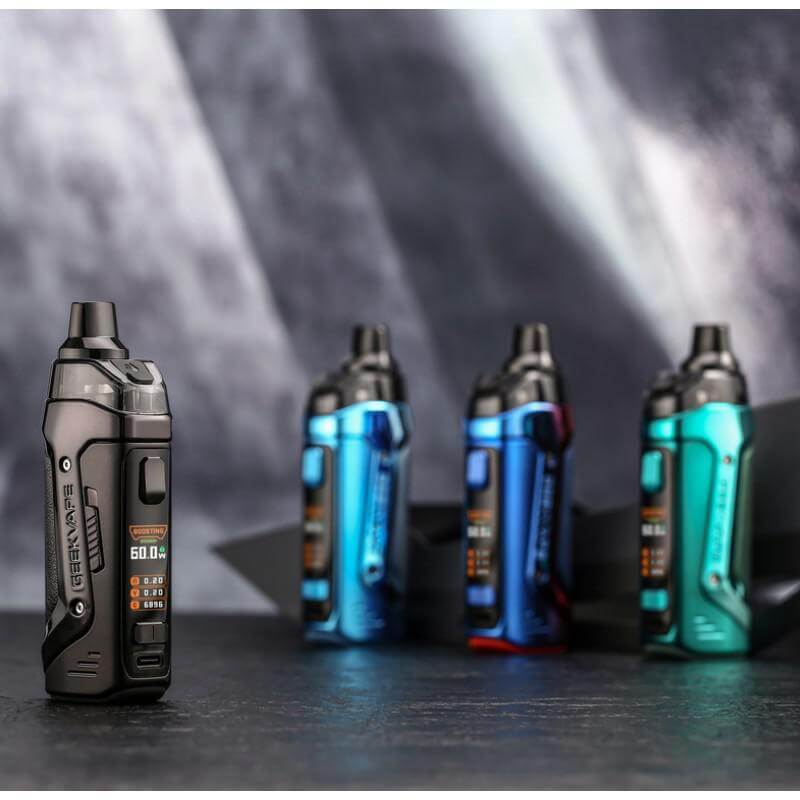 GeekVape B60 Kit in various colors on display, showcasing its sleek design and LED display.