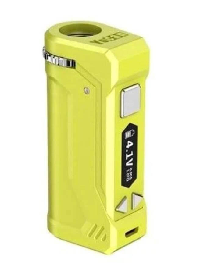 Yocan Uni Pro portable vaporizer mod in bright yellow with adjustable voltage and diameter for versatile vaping.