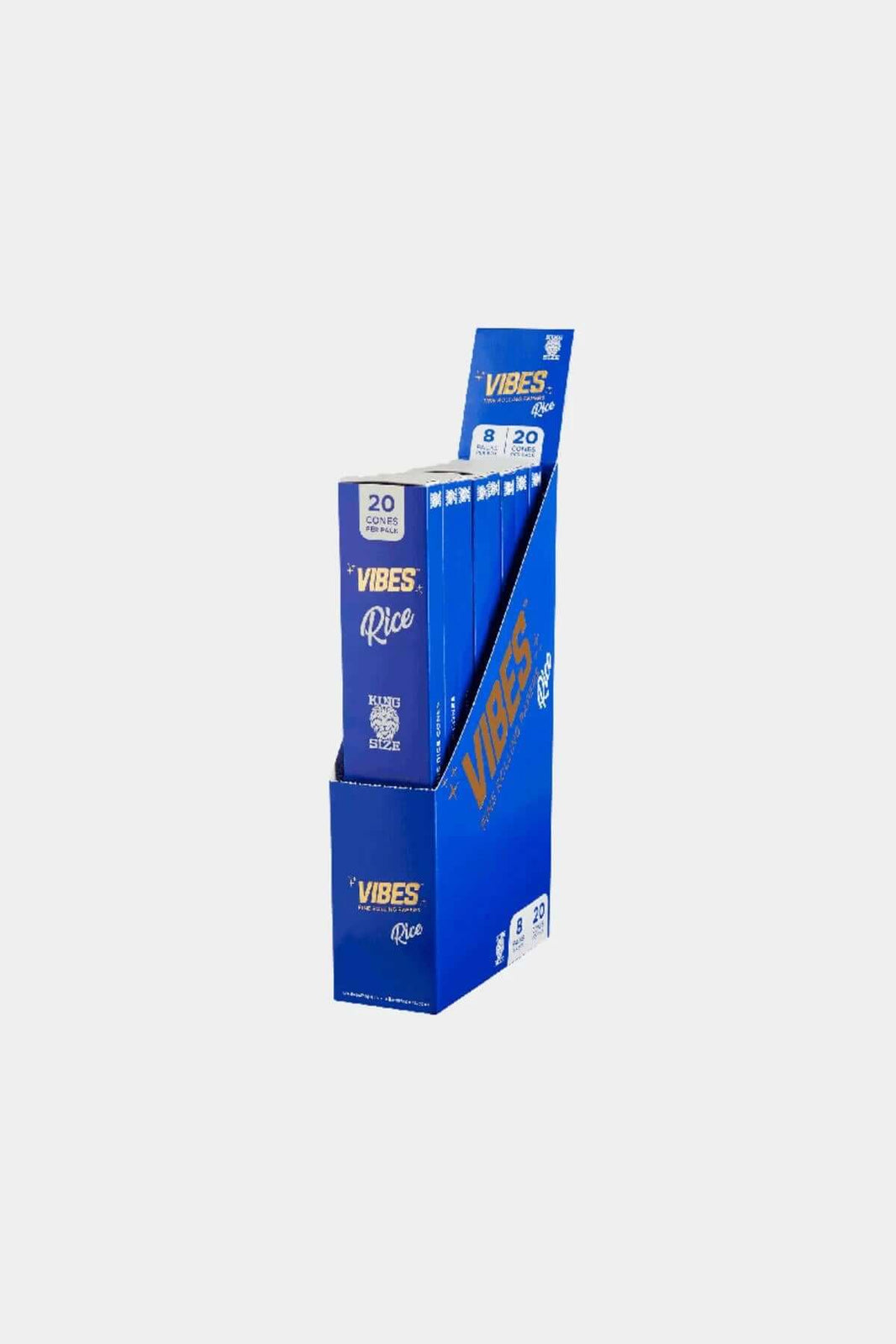 Vibes King Size Cone display box featuring Rice variety, containing 20 pre-rolled cones for a premium smoking experience.