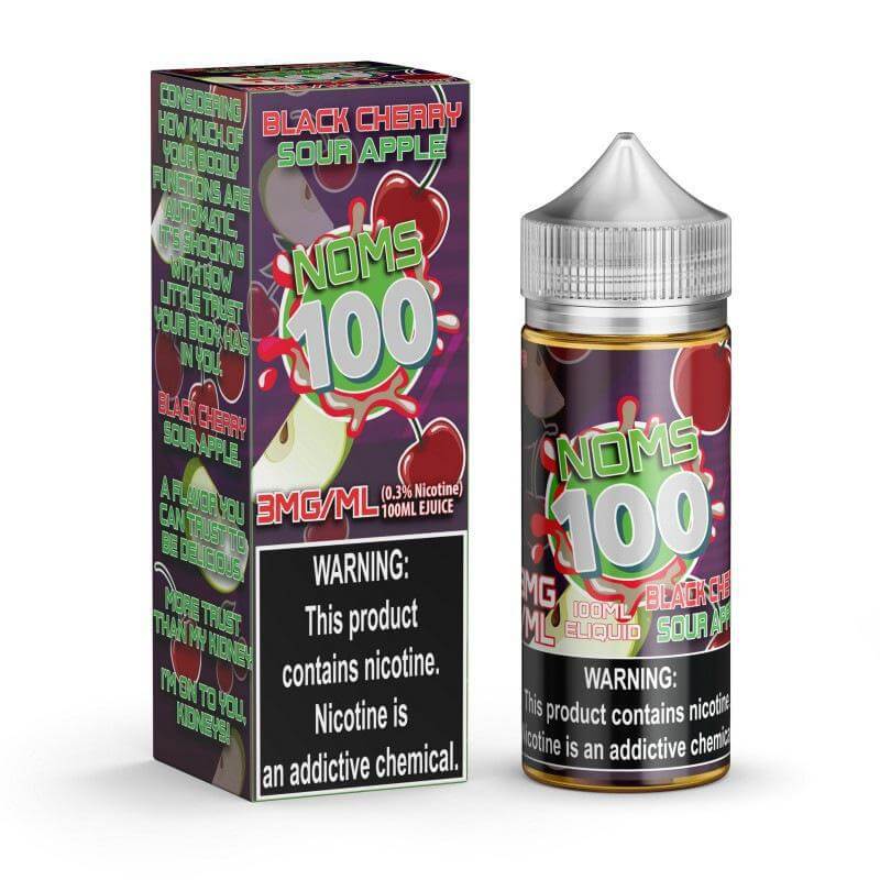 NOMS 100 Vape Juice bottle and box featuring Black Cherry Sour Apple flavor, 3mg nicotine, 100ml e-liquid.